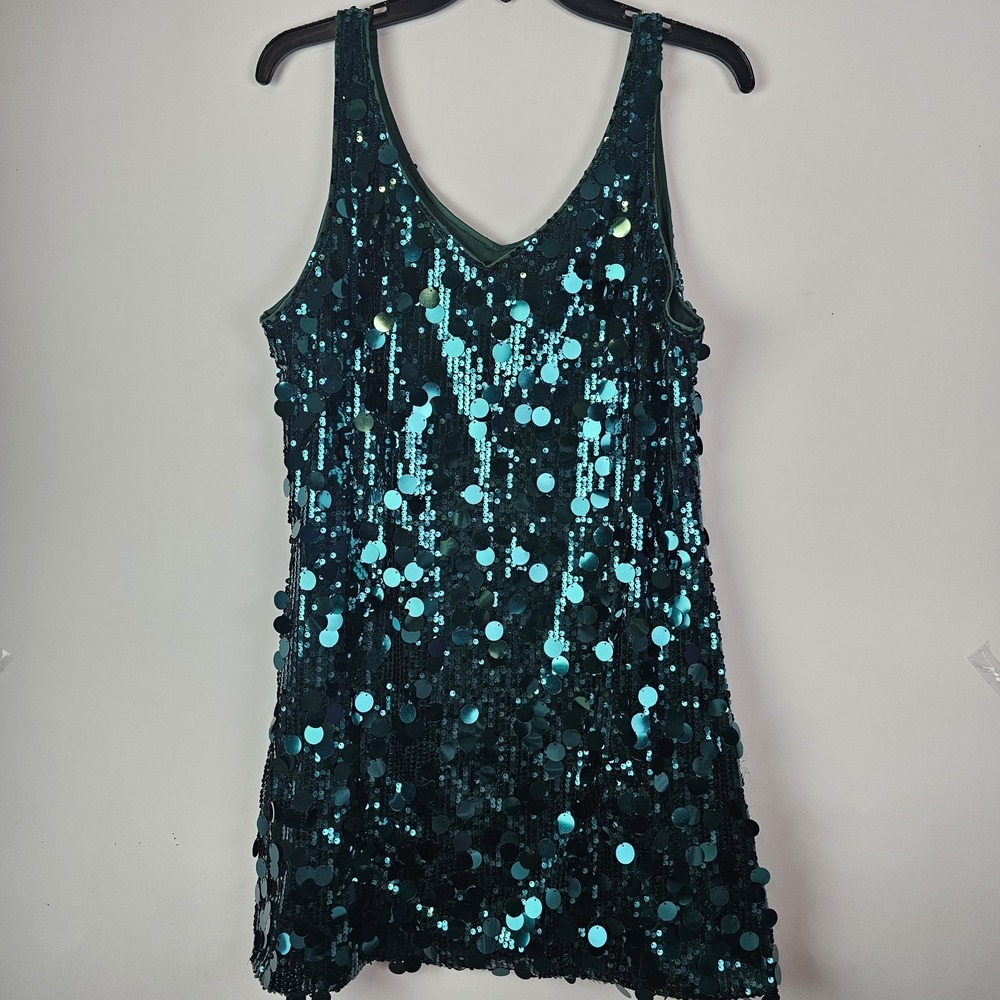 Sequin Cocktail Mini Dress Size Large Green Shimmering Disc Pallette V-Neck